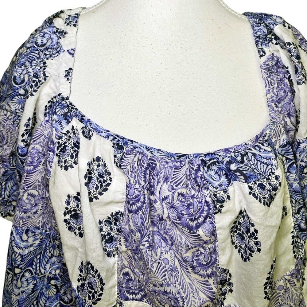 J. Crew Blue and White Patchwork Cropped Peasant Blouse - Picture 4 of 12